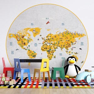 Kids world map,  yellow world map wallpaper, animals map