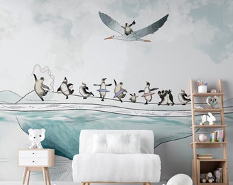 Animal sea wallpaper, penguin wall mural, removable kids wall mural, nursery