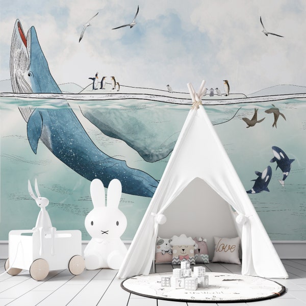 Under the sea wallpaper, whale wallpaper, penguin wallpaper, kids wallpaper, nursery wallpaper