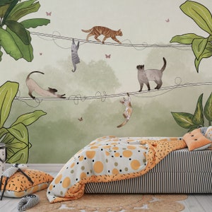 Carta da parati con animali, murale con gatti, murale rimovibile per bambini, murale per bambini