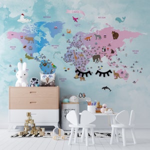 Wereldkaart voor kinderen, roze blauw wereldkaartbehang, kinderbehang voor kinderen