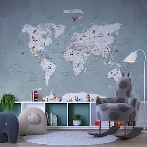 Weltkarte fürs Kinderzimmer, graue Weltkarte Tapete, Kinderzimmer Wandbild