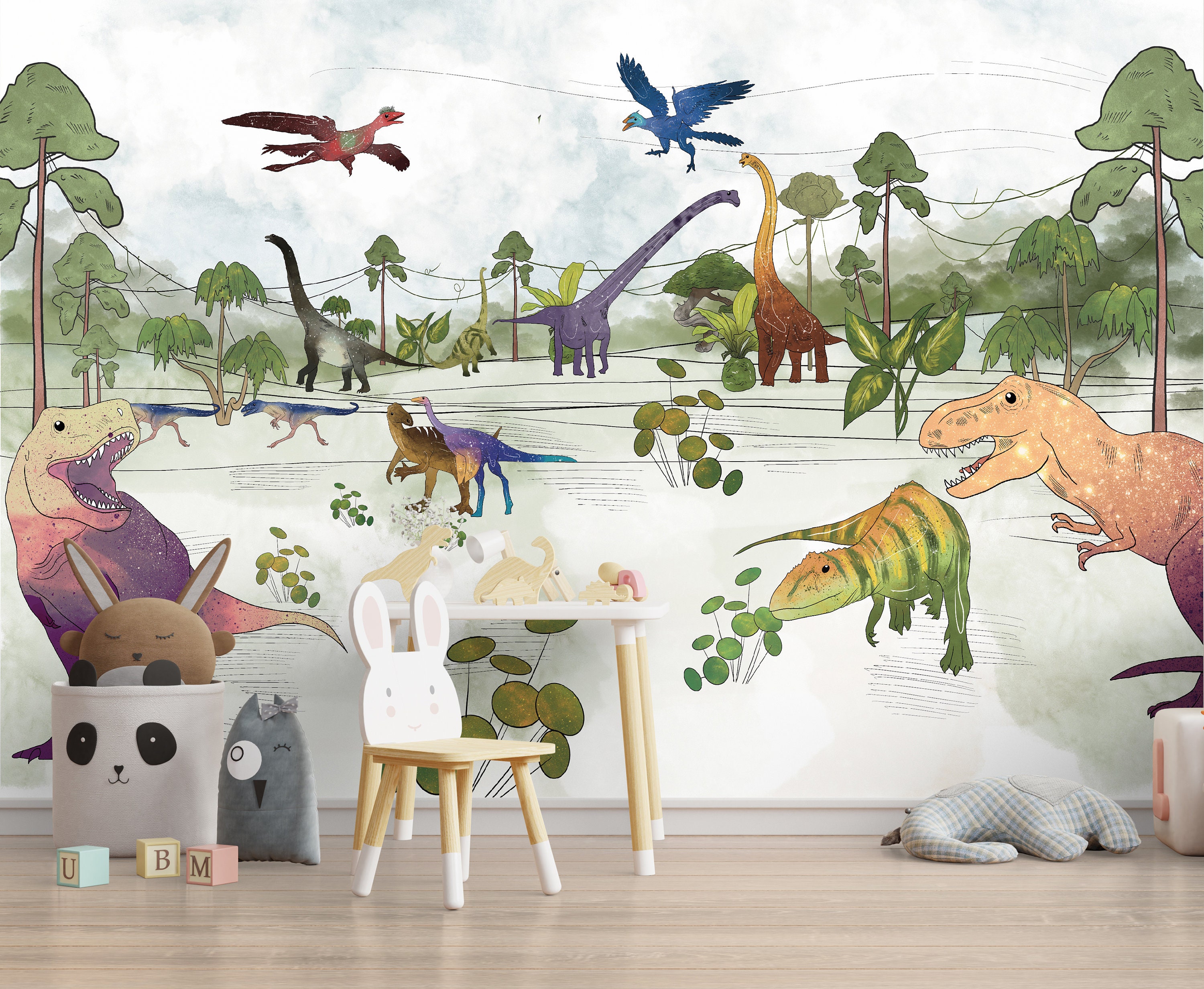 Dinosaur Wallpaper Kids Nursery Dinosaur Jungle Mural Etsy UK