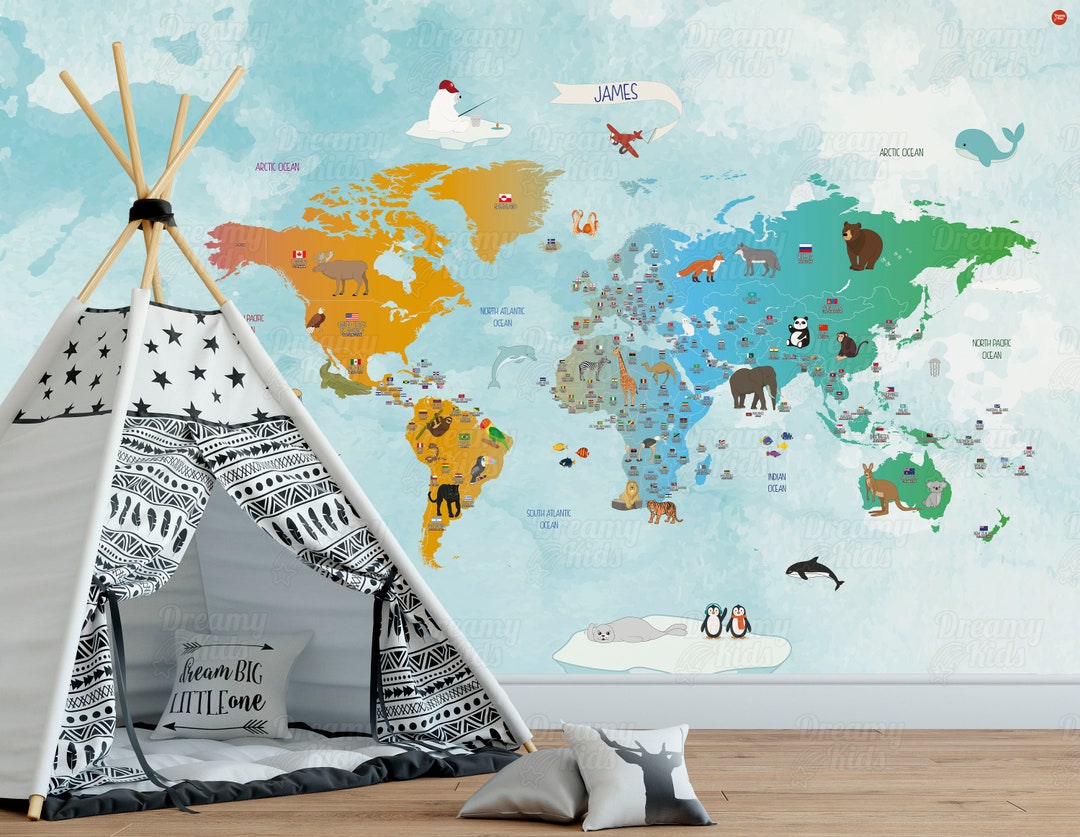 Kids World Map Colorful World Map Wallpaper - Etsy