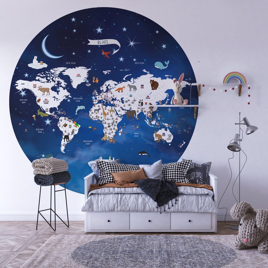 Kids world map world map wallpaper kids nursery animals etsy
