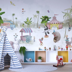 Circus wallpaper, circus wall mural, animals wallpaper, kids wallpaper, nursery wallpaper