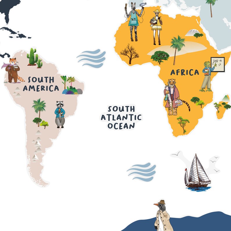 Kids World Map Decal Nursery World Map Decal Animals Map Etsy