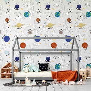 Kids space wallpaper, planets wall mural, removable space wall mural