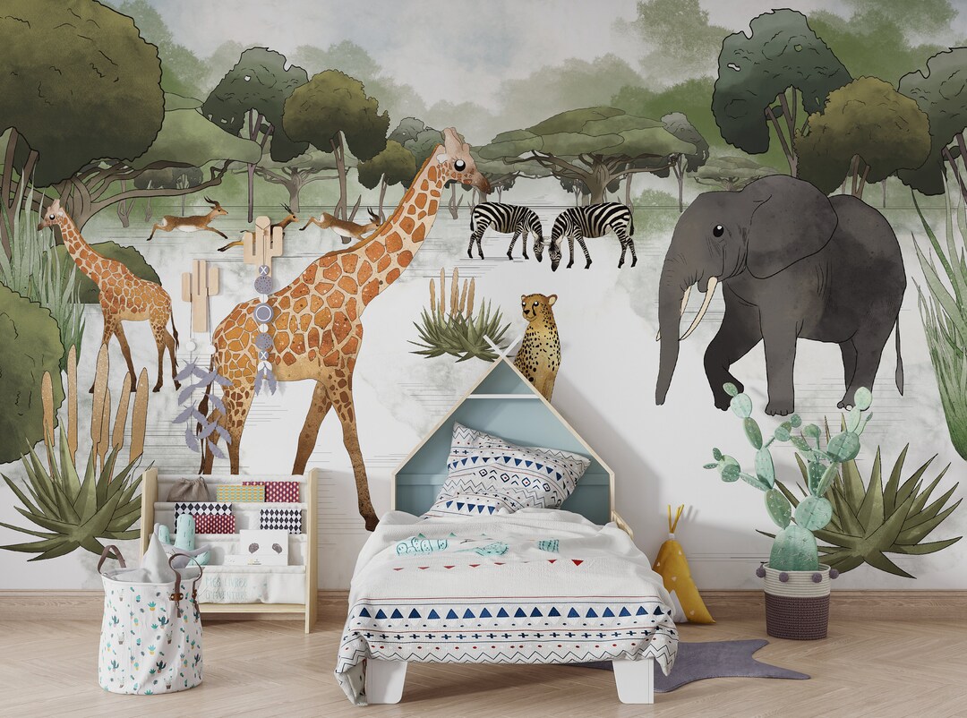 Jungle Wallpaper Animals Wall Mural Kids Nursery Elephant Etsy