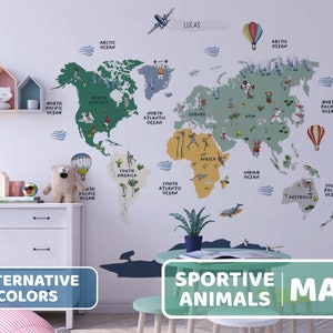Kinder Weltkarte Aufkleber, Kinderzimmer Weltkarte Aufkleber, Tiere Karte, sportliche Tiere Karte