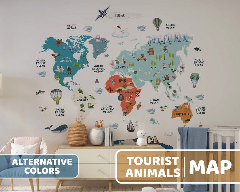 Kids Animal World Map Decal Nursery World Map Decal Etsy