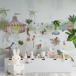 Circus wallpaper, circus wall mural, kids wallpaper, nursery wallpaper, animals wallpaper