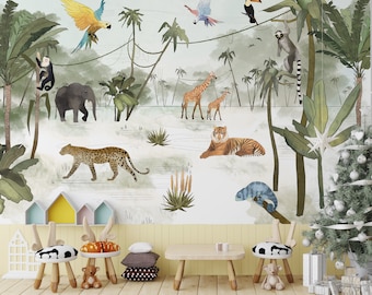 Jungle kids wallpaper, animals wall mural, nursery, elephant, tiger