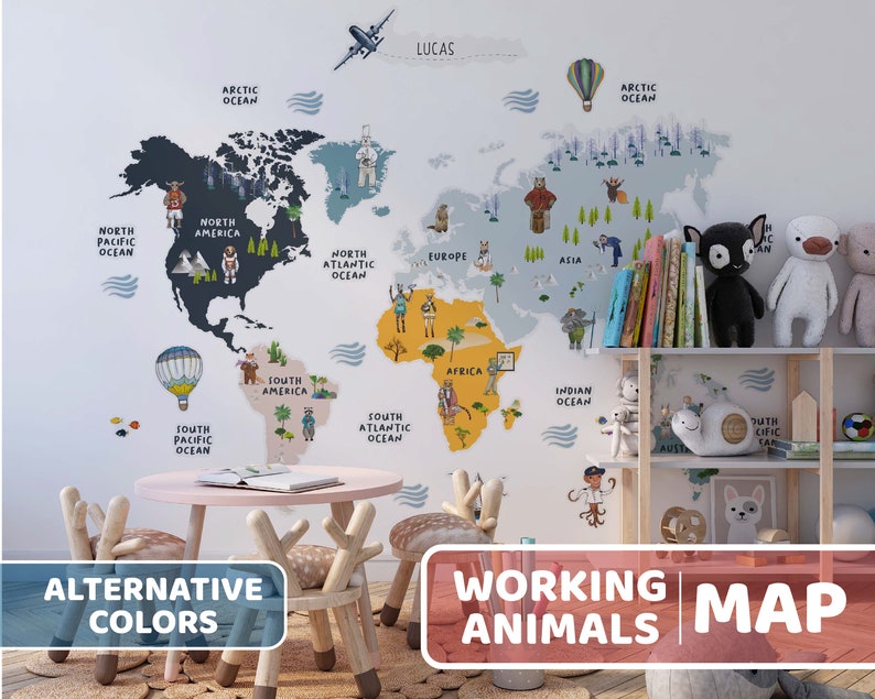 Kids World Map Decal Nursery World Map Decal Animals Map Etsy