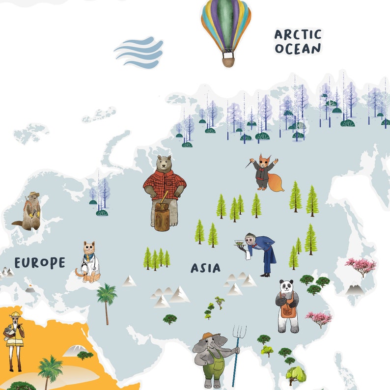 Kids World Map Decal Nursery World Map Decal Animals Map Etsy