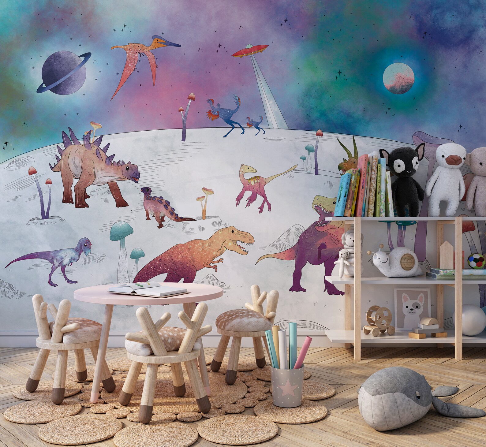 Dinosaur Wallpaper Kids Wall Mural Dinosaurs in Space Etsy