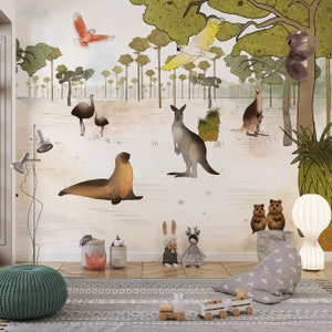 Carta da parati giungla, murales animali, bambini, cameretta, canguro