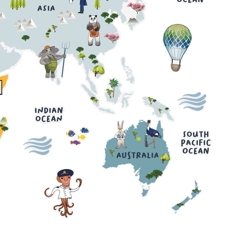 Kids World Map Decal Nursery World Map Decal Animals Map Etsy