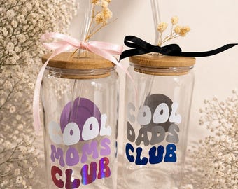Cool Moms & Cool Dads Club, Drinking Glass with Straw, Personalized Glass, Mother's Day, Gift, Mom, Dad, Father's Day