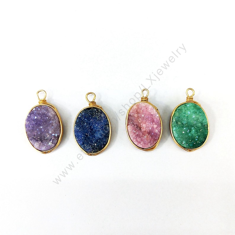 Natural geode drusy crystal stone Druzy Wire Wrap Gem stone Pendant,Rough Stone charms Jewelry Necklace Making 12*16 mm stone L244