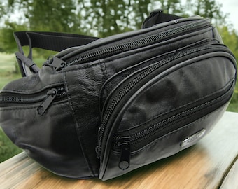 New high quality black real leather bum bag fanny pack festival travel security