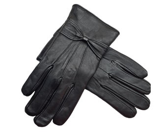 New womens high quality super soft real black leather gloves with bow detail