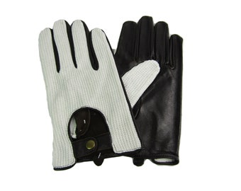 Mens new high quality classic black and white soft leather cotton driving gloves