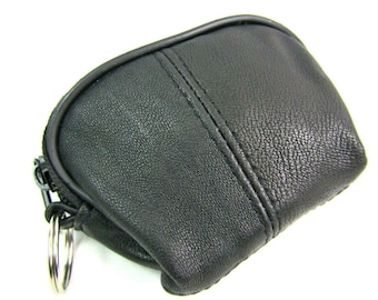 Unisex small super soft quality black leather coin pouch key ring card holder