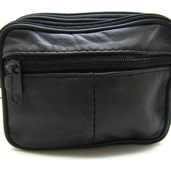 Unisex lorenz black leather twin pocket zipped pouch waist bag belt bag purse