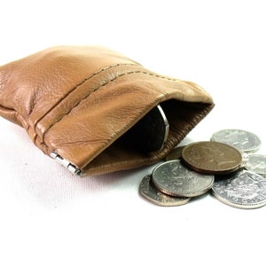 Unisex small tan real leather coin pouch purse change wallet snap top wallet