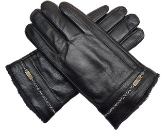 Guantes suaves de piel de oveja para hombre, guantes de  invierno para hombre, guantes simples de cuero negro, Negro, 10 : Todo lo  demás