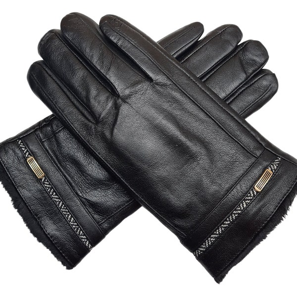 New mens premium soft fleece lined black real leather gloves winter touch screen