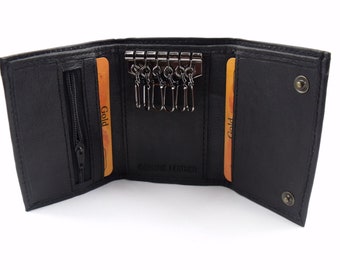 Porte-clés de luxe en cuir noir souple, porte-cartes de crédit, porte-monnaie, pochette portefeuille