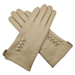 New Womens Premium High Quality Genuine Soft Leather Gloves Fully Lined Warm. Light Beige
