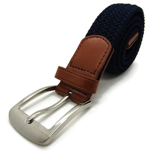 Unisex High Quality Stretch Elastic Fit Webbing Effect Belt Strong Smart Casual Navy with Tan Trim