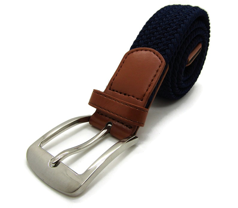 Unisex High Quality Stretch Elastic Fit Webbing Effect Belt Strong Smart Casual Navy with Tan Trim