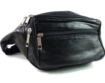 Unisex Black soft Real leather bum bag money belt travel festival holiday waist security Fanny Pack