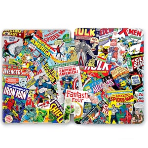 May include: A collage of vintage comic book covers featuring various superheroes, including Spider-Man, Captain America, Hulk, and Iron Man. The covers are in a variety of colours and feature iconic imagery from the Marvel Universe.