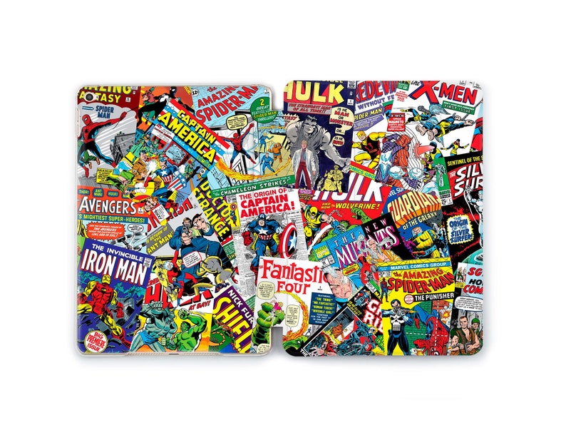 Puede incluir: Un collage de portadas de c&oacute;mics vintage con varios superh&eacute;roes, incluyendo Spider-Man, Capit&aacute;n Am&eacute;rica, Hulk y Iron Man. Las portadas son de varios colores y presentan im&aacute;genes ic&oacute;nicas del Universo Marvel.