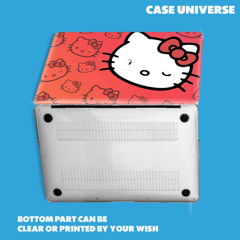 Peut inclure: Une coque d'ordinateur portable blanche avec un motif Hello Kitty rouge et blanc. La coque pr&eacute;sente une grande image d'Hello Kitty avec un n&oelig;ud rouge et de plus petites images d'Hello Kitty en arri&egrave;re-plan. La partie inf&eacute;rieure de la coque peut &ecirc;tre transparente ou imprim&eacute;e.
