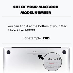Peut inclure: Gros plan sur le dessous d'un ordinateur portable MacBook Pro argent&eacute;. Le num&eacute;ro de mod&egrave;le, A1425, est visible sur l'autocollant. Le texte "CHECK YOUR MACBOOK MODEL NUMBER" est affich&eacute; au-dessus de l'image.