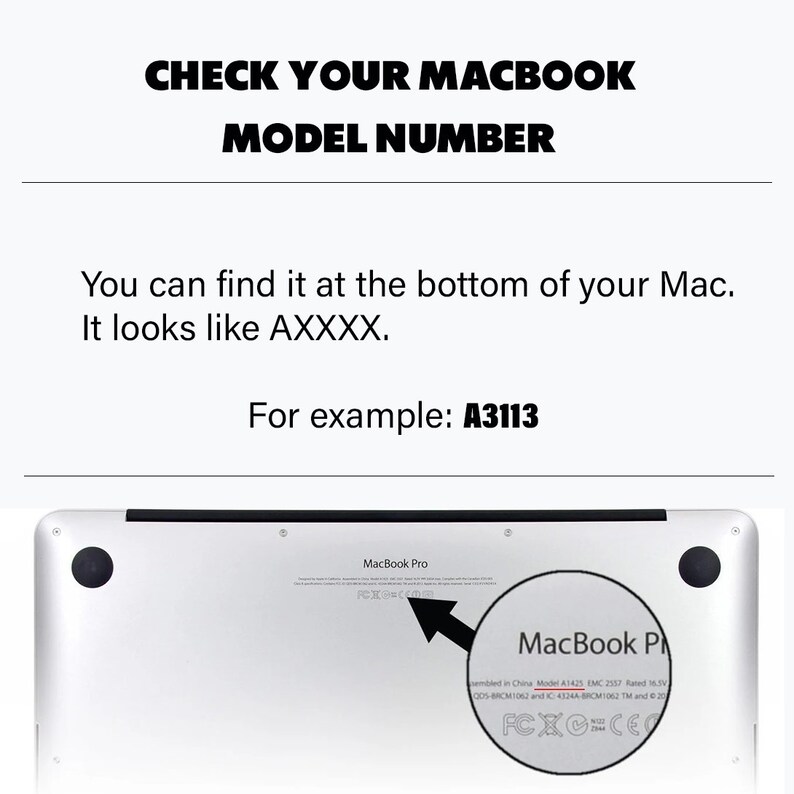 Peut inclure: Gros plan sur le dessous d'un ordinateur portable MacBook Pro argent&eacute;. Le num&eacute;ro de mod&egrave;le, A1425, est visible sur l'autocollant. Le texte "CHECK YOUR MACBOOK MODEL NUMBER" est affich&eacute; au-dessus de l'image.
