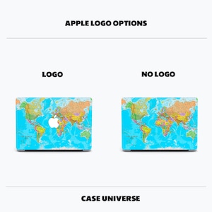 May include: Two laptop skins with a world map design. The left skin has the Apple logo visible, while the right skin does not. The text "APPLE LOGO OPTIONS" is at the top of the image, and the text "CASE UNIVERSE" is at the bottom.
