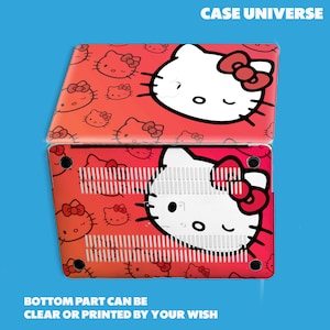 Peut inclure: Une peau d'ordinateur portable rouge et blanche avec un motif Hello Kitty. La peau pr&eacute;sente un motif r&eacute;p&eacute;t&eacute; de visages Hello Kitty avec des n&oelig;uds rouges. La partie inf&eacute;rieure de la peau est transparente et peut &ecirc;tre imprim&eacute;e avec un motif personnalis&eacute;.