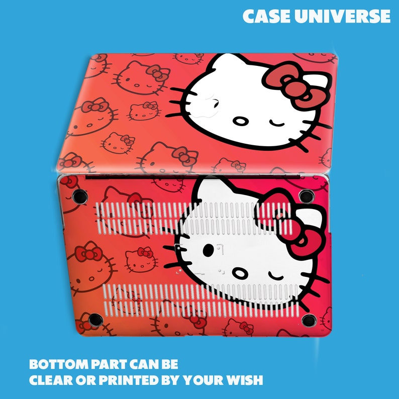 Peut inclure: Une peau d'ordinateur portable rouge et blanche avec un motif Hello Kitty. La peau pr&eacute;sente un motif r&eacute;p&eacute;t&eacute; de visages Hello Kitty avec des n&oelig;uds rouges. La partie inf&eacute;rieure de la peau est transparente et peut &ecirc;tre imprim&eacute;e avec un motif personnalis&eacute;.