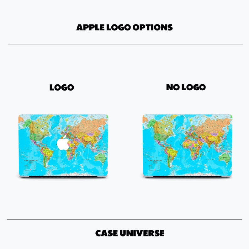 Peut inclure: Deux peaux d'ordinateur portable avec un motif de carte du monde. La peau de gauche affiche le logo Apple, tandis que la peau de droite ne l'affiche pas. Le texte "APPLE LOGO OPTIONS" est en haut de l'image, et le texte "CASE UNIVERSE" est en bas.