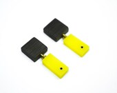 Wooden dangle drop earrings with yellow acrylic and brass details