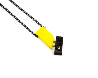 Wooden necklace with yellow acrylic and brass details