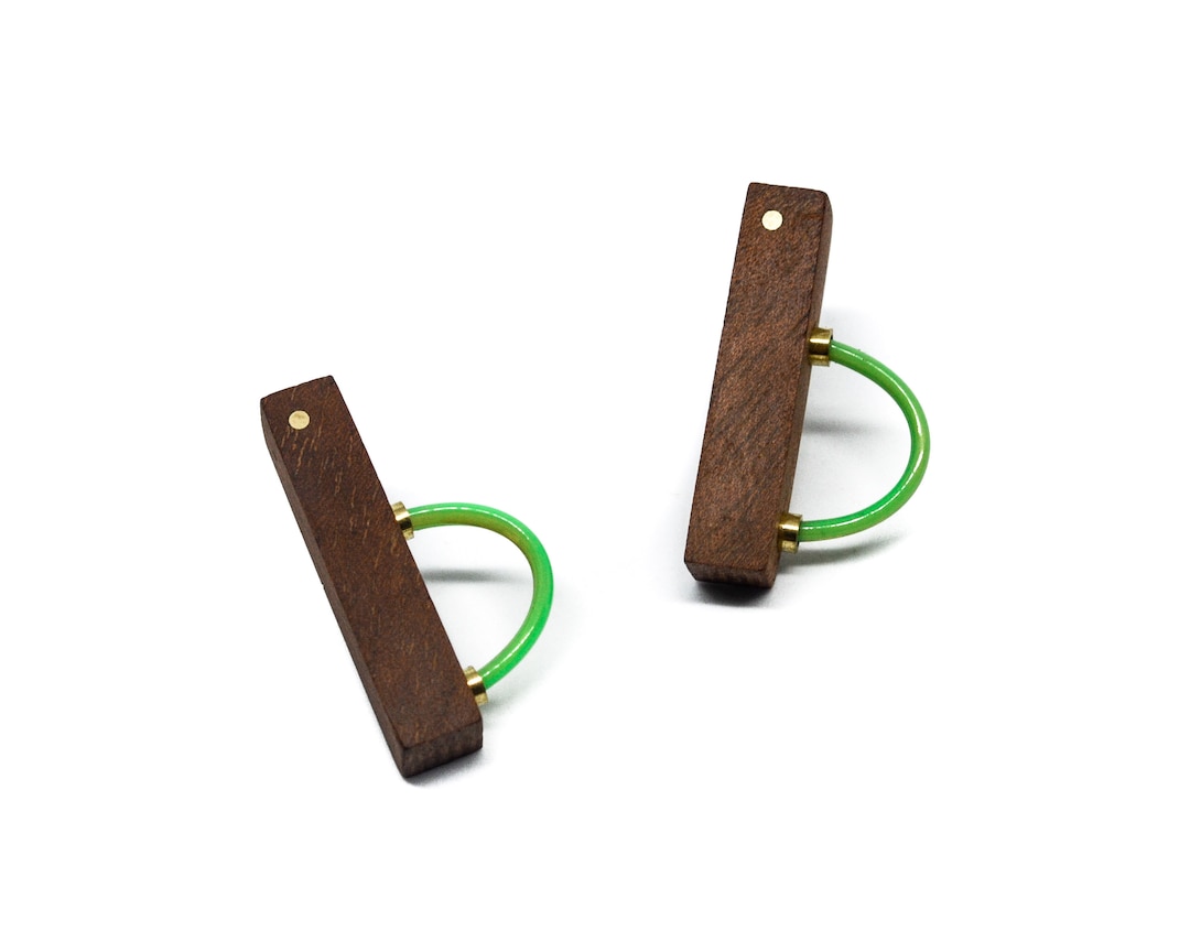 Wooden Stud Earrings With Green Polymer and Brass Details Etsy