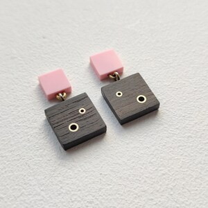 Wooden dangle & drop earrings with acrylic and brass details.